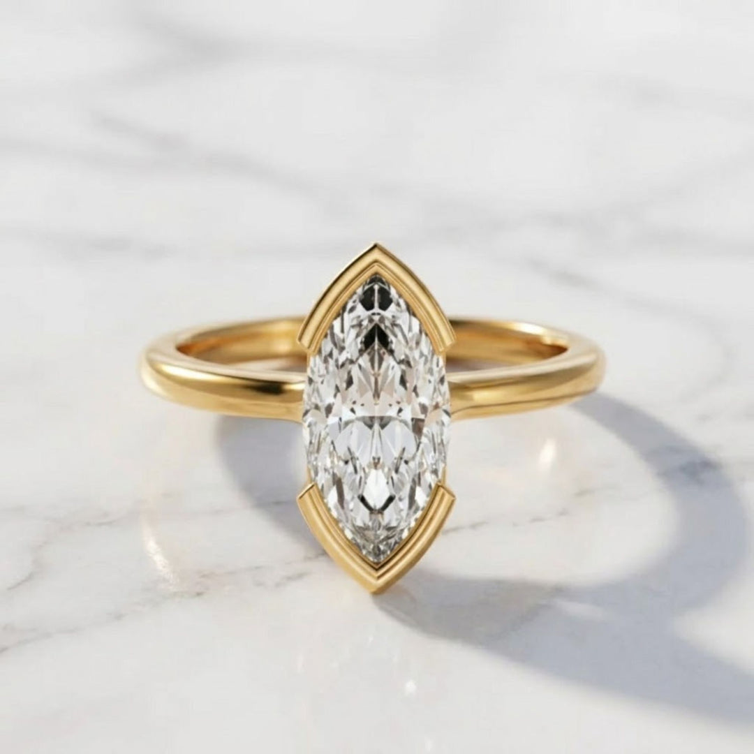 2 Carat Elongated Marquise F VS+ Lab Grown Diamond One of a Kind Solitaire Ring, 14k Gold Half Bezel minimalist Modern Engagement Ring