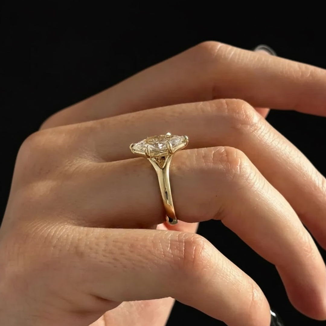 2 Carat Marquise F VS+ Lab Grown Diamond 2.7MM Solitaire Ring / Split Shank Cathedral Engagement Ring in 14k Yellow Gold / Thick Band