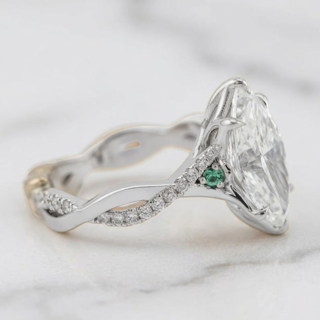 3.01 CT Marquise Diamond Engagement Ring with Delicate Pavé Twisted Band, Emerald Side Accent & Hidden Ruby