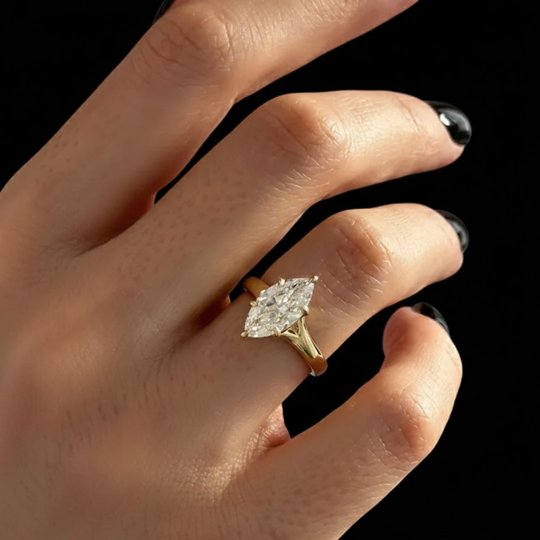 2 Carat Marquise F VS+ Lab Grown Diamond 2.7MM Solitaire Ring / Split Shank Cathedral Engagement Ring in 14k Yellow Gold / Thick Band