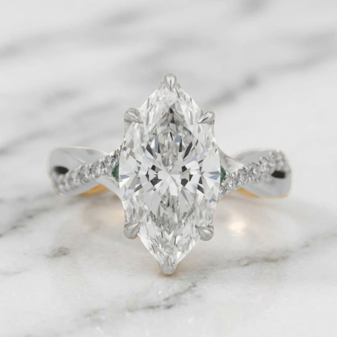 3.01 CT Marquise Diamond Engagement Ring with Delicate Pavé Twisted Band, Emerald Side Accent & Hidden Ruby