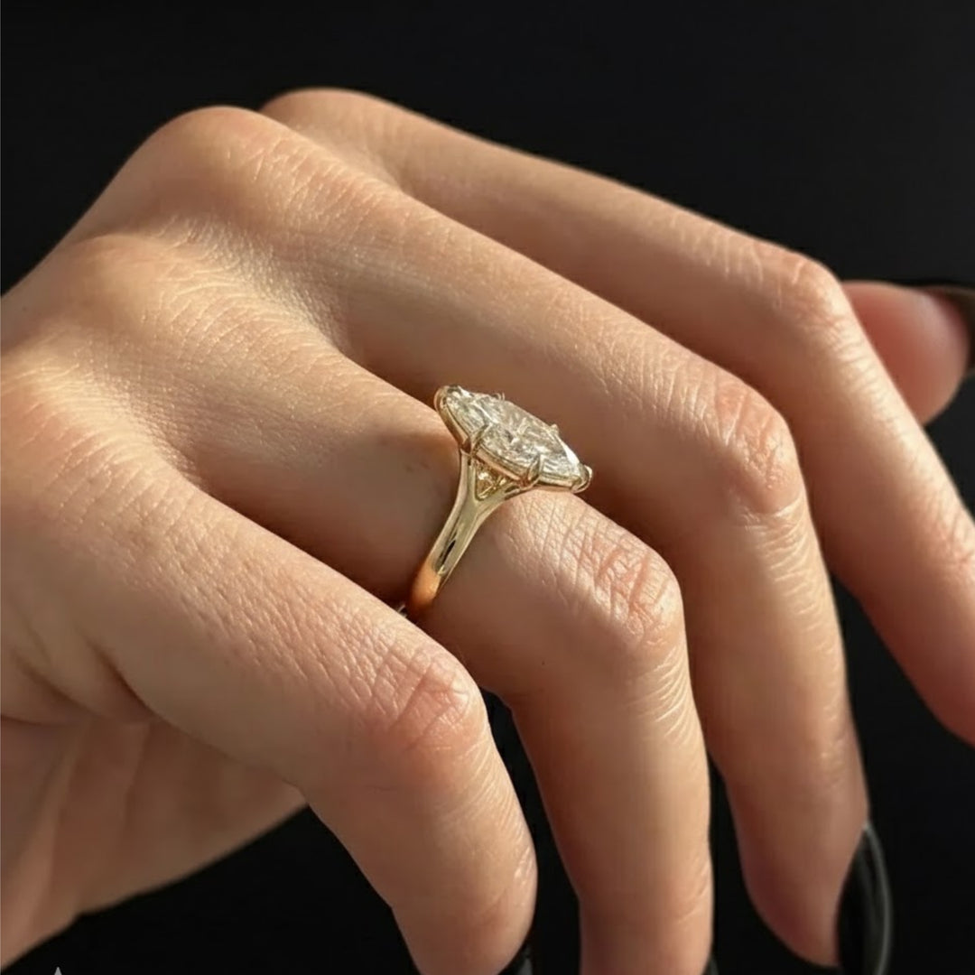 2 Carat Marquise F VS+ Lab Grown Diamond 2.7MM Solitaire Ring / Split Shank Cathedral Engagement Ring in 14k Yellow Gold / Thick Band