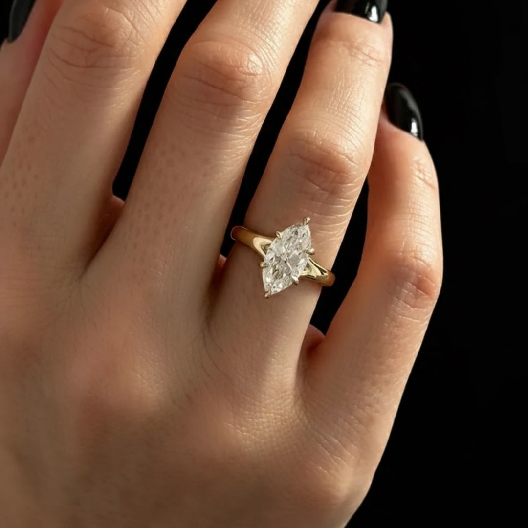 2 Carat Marquise F VS+ Lab Grown Diamond 2.7MM Solitaire Ring / Split Shank Cathedral Engagement Ring in 14k Yellow Gold / Thick Band