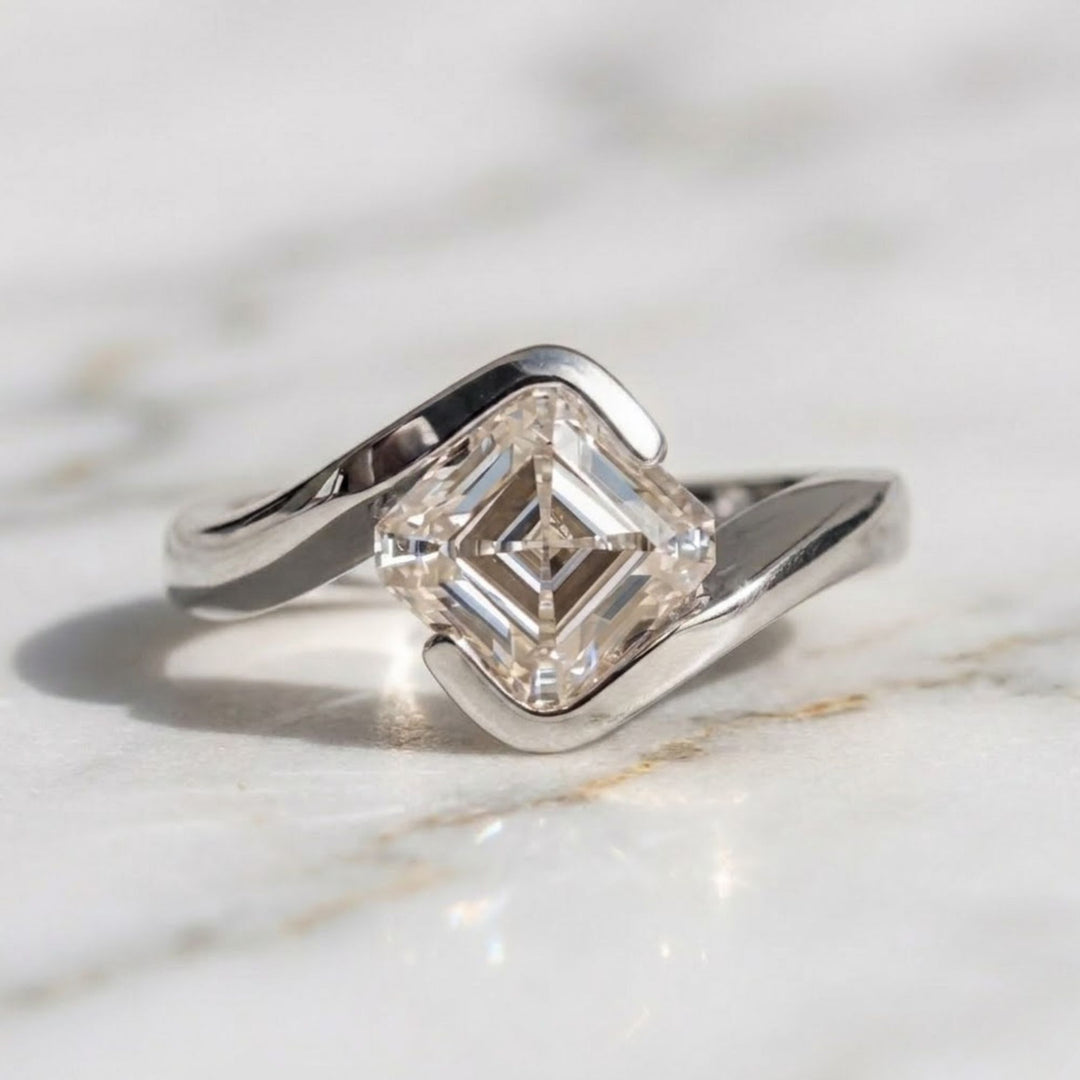 Asscher Cut Lab Grown Diamond Solitaire Engagement Ring, Bypass Bezel Set Asscher Diamond Ring, IGI Certified Diamond Ring, Anniversary Gift