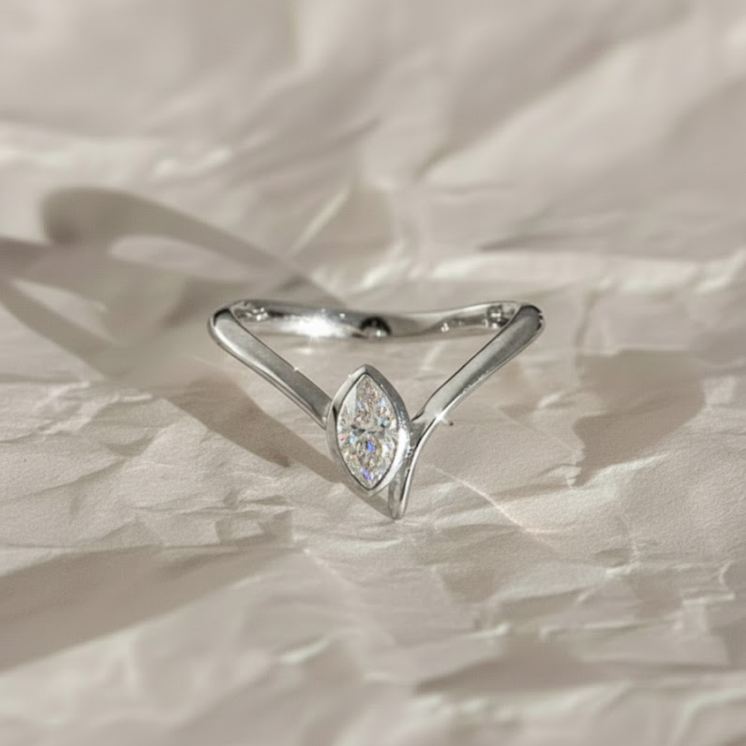 Lab Grown Diamond Marquise Ring, Bezel Set 0.45 CT, Dainty Gold V Shape Ring, Minimalist Stackable Jewelry, Gift for Her