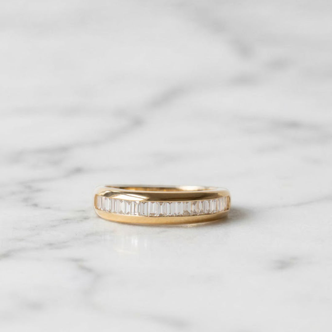 Handmade Dainty Solid Gold Baguette Diamond Dome Ring, Dome Baguette Diamond Women's Diamond Ring, Unique Diamond Wedding Band, Gift Her