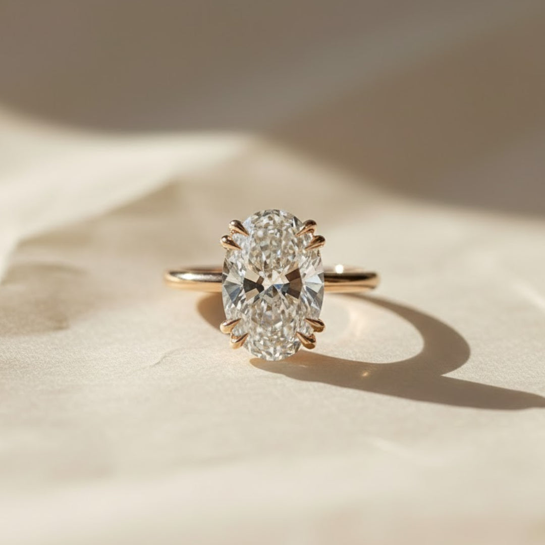 5 Carat Oval Lab Grown Diamond Solitaire Ring / Huge CVD Diamond F VS1 IGI Certified / Double Claw Prong Engagement Ring in Yellow Gold