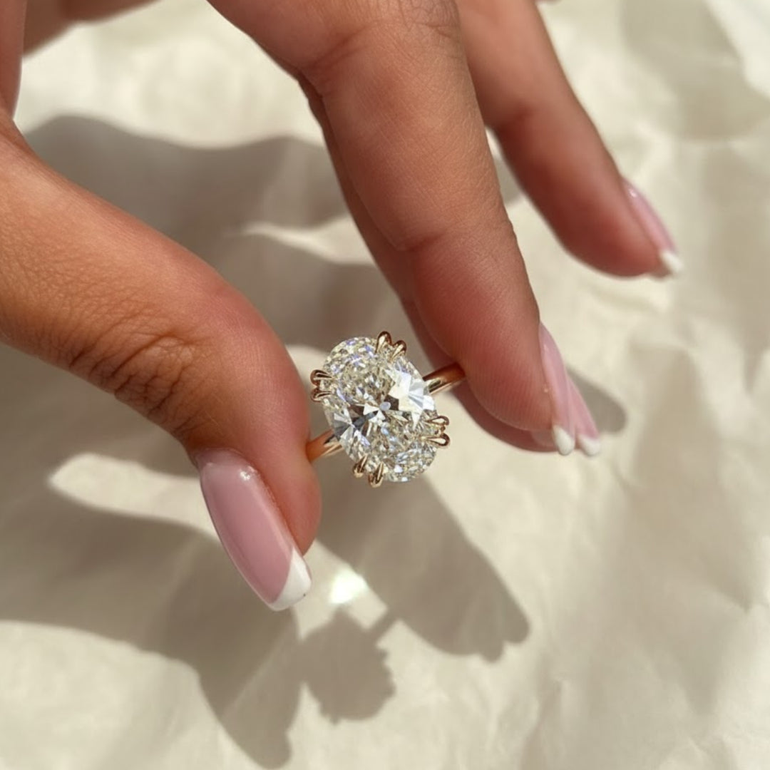 5 Carat Oval Lab Grown Diamond Solitaire Ring / Huge CVD Diamond F VS1 IGI Certified / Double Claw Prong Engagement Ring in Yellow Gold