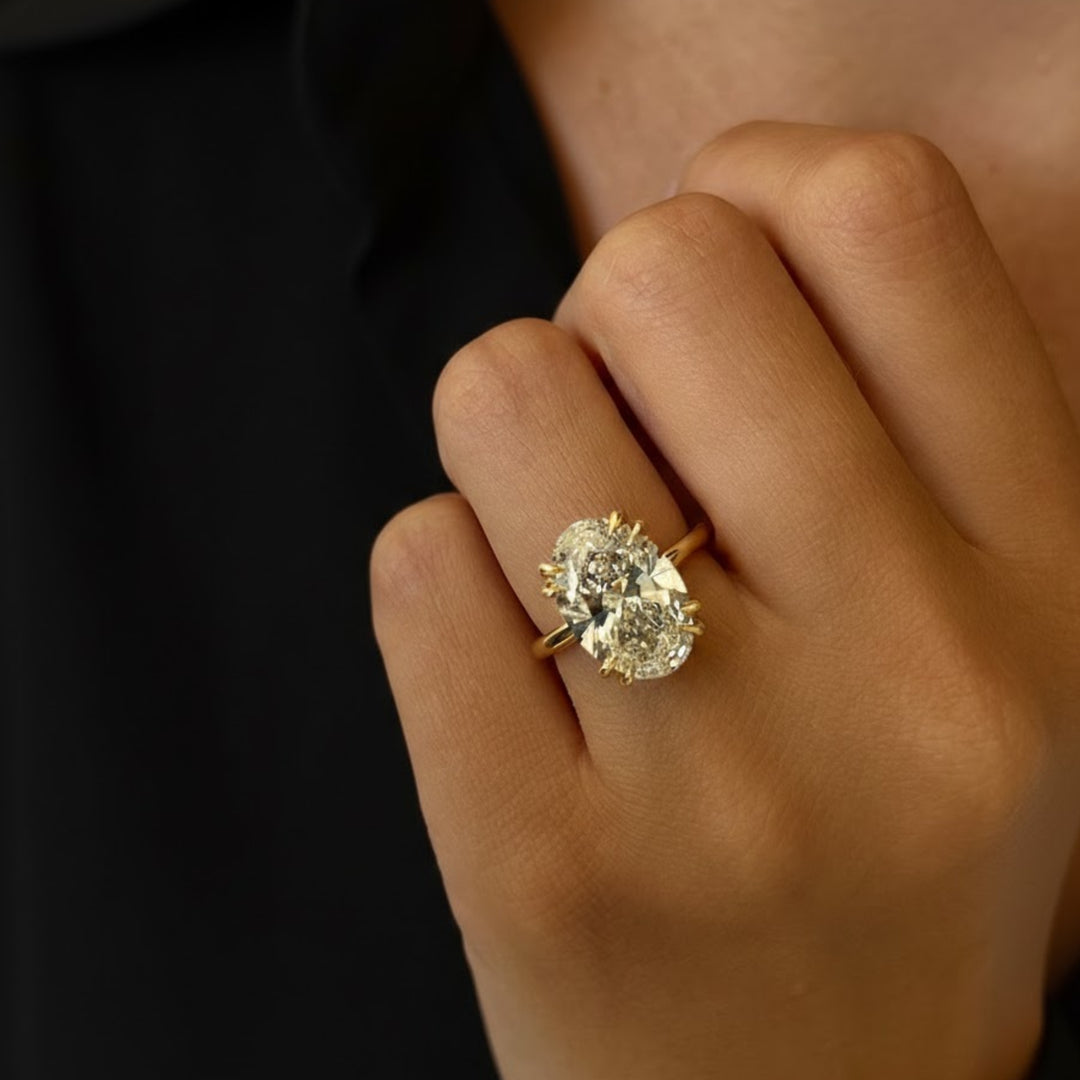 5 Carat Oval Lab Grown Diamond Solitaire Ring / Huge CVD Diamond F VS1 IGI Certified / Double Claw Prong Engagement Ring in Yellow Gold