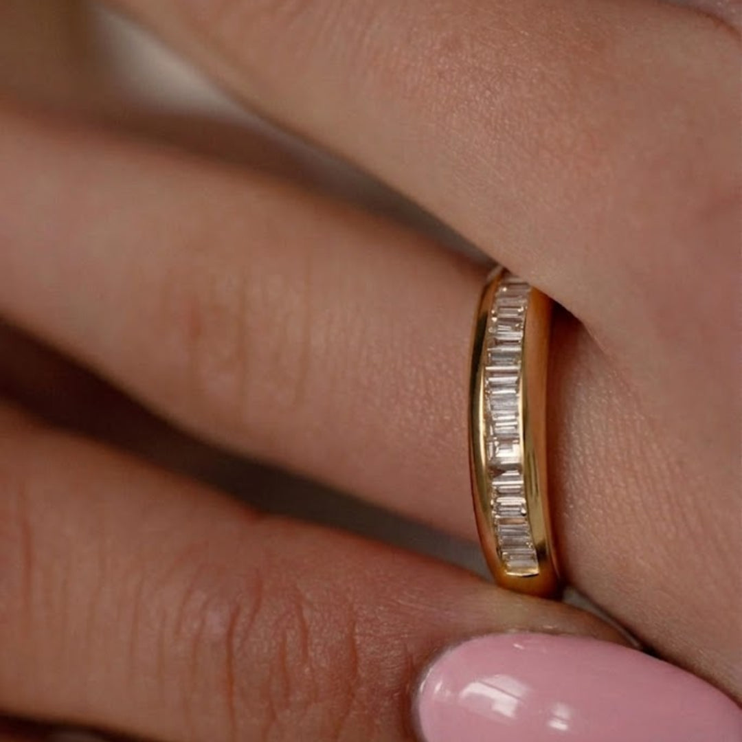 Handmade Dainty Solid Gold Baguette Diamond Dome Ring, Dome Baguette Diamond Women's Diamond Ring, Unique Diamond Wedding Band, Gift Her