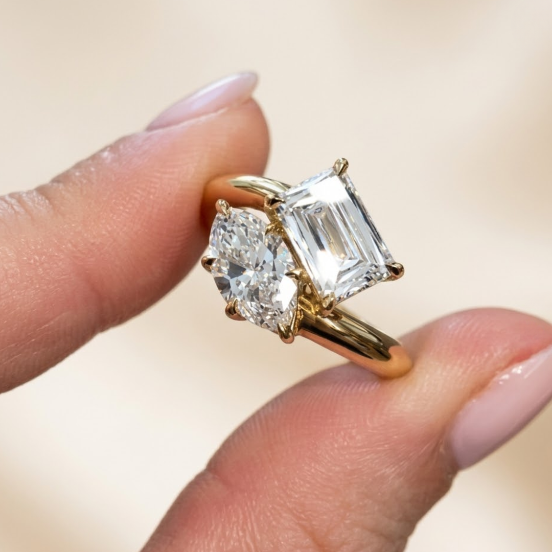 Toi et Moi Engagement Ring ,Emerald & Pear Cut Diamonds in 14k Gold,2.00 Ct F+ VS+ Vintage Style Solitaire Lab Grown Diamond