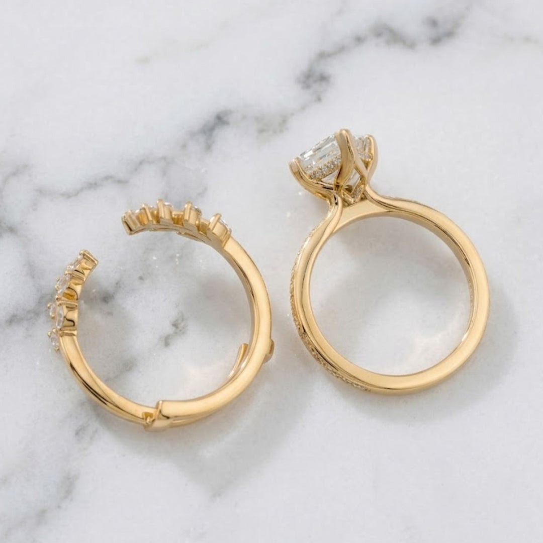 2.10 CT Lozenge Lab Grown Diamond Ring Set, Nature Inspired Engagement Ring, 14K Solid Gold