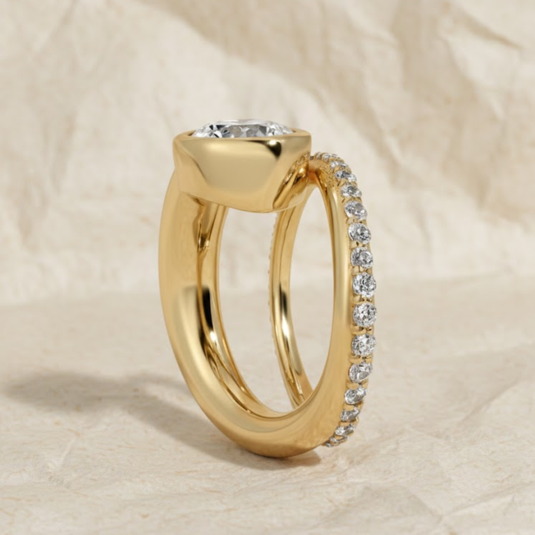 Lab Grown 2.00 CT Round Diamond Engagement Ring, 14K Gold Bezel Set, Pave Band