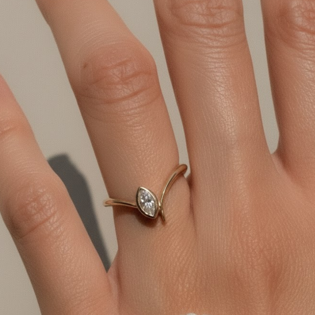 Lab Grown Diamond Marquise Ring, Bezel Set 0.45 CT, Dainty Gold V Shape Ring, Minimalist Stackable Jewelry, Gift for Her