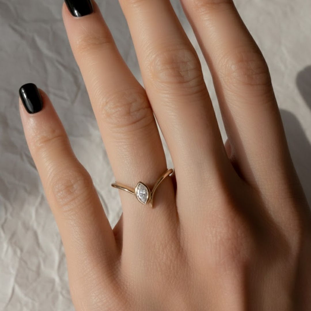 Lab Grown Diamond Marquise Ring, Bezel Set 0.45 CT, Dainty Gold V Shape Ring, Minimalist Stackable Jewelry, Gift for Her