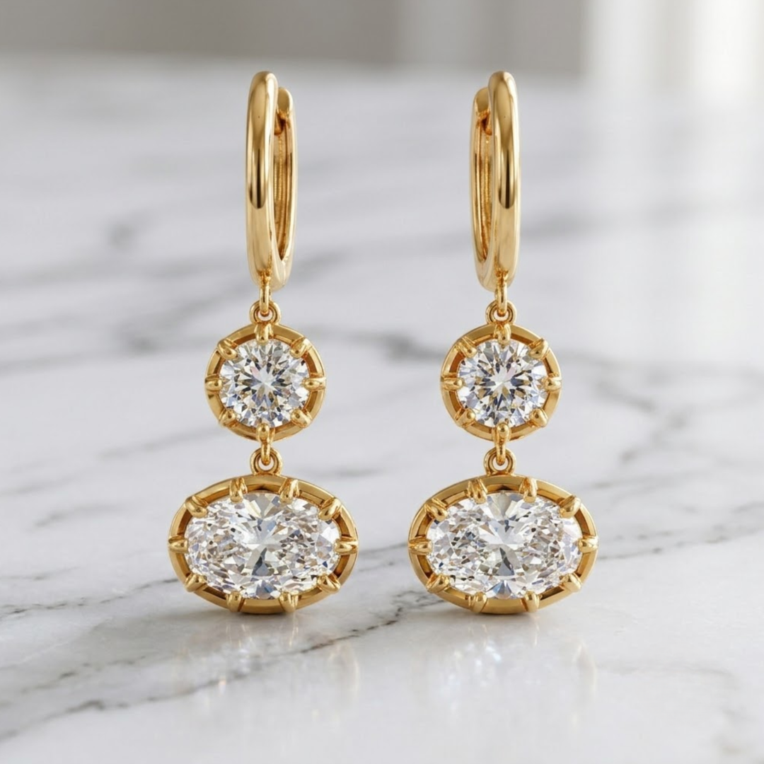Double Drop Diamond Earrings, Lab Grown Diamond Dangle Earrings, 14K Solid Gold, Round & Oval Diamond, Bridal Wedding Gift, IGI Certified