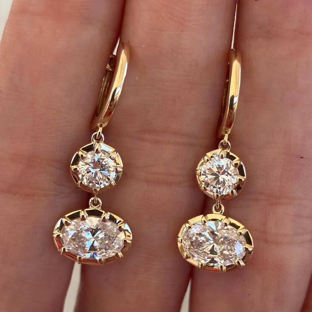 Double Drop Diamond Earrings, Lab Grown Diamond Dangle Earrings, 14K Solid Gold, Round & Oval Diamond, Bridal Wedding Gift, IGI Certified