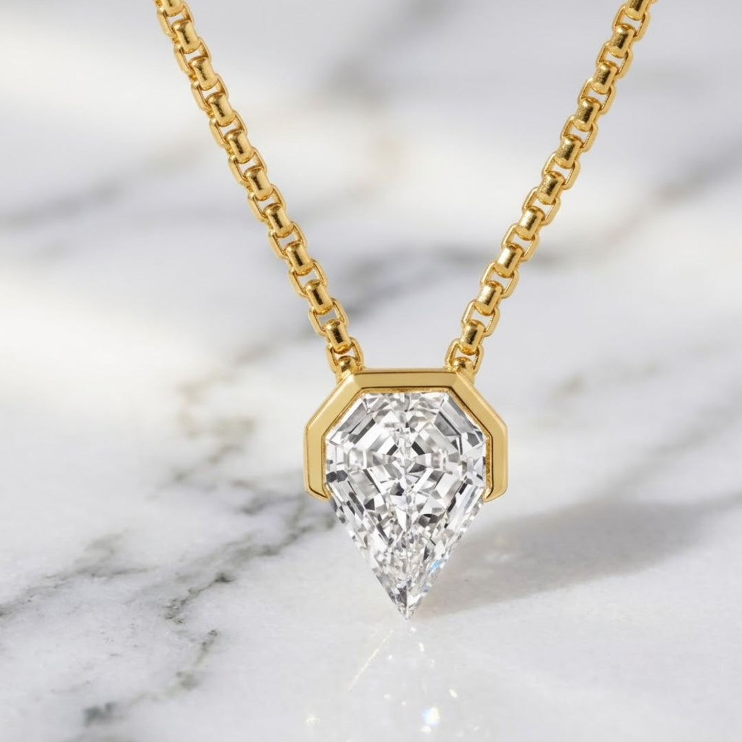 Solitaire Shield Diamond Pendant Necklace 14k White Gold, Diamond Profile 0.75 Carat, F+ Color, tension bead, IGI certified