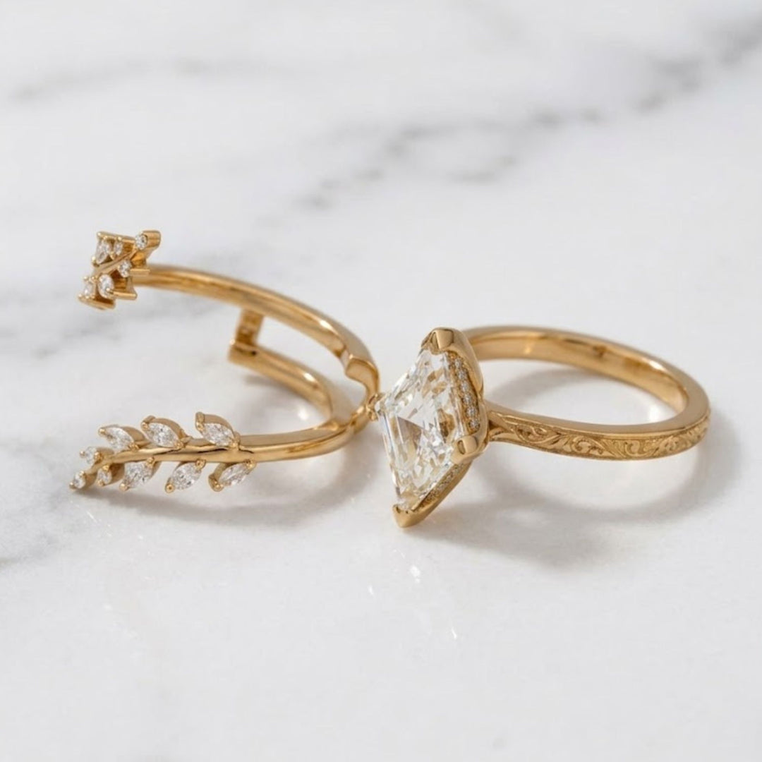 2.10 CT Lozenge Lab Grown Diamond Ring Set, Nature Inspired Engagement Ring, 14K Solid Gold