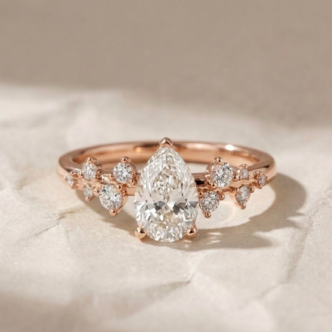 Pear Cut Lab Grown Diamond Engagement Ring, 1 Carat Tear Shape Solitaire in 9K, 14K, 18K Gold | Handmade Minimalist Wedding