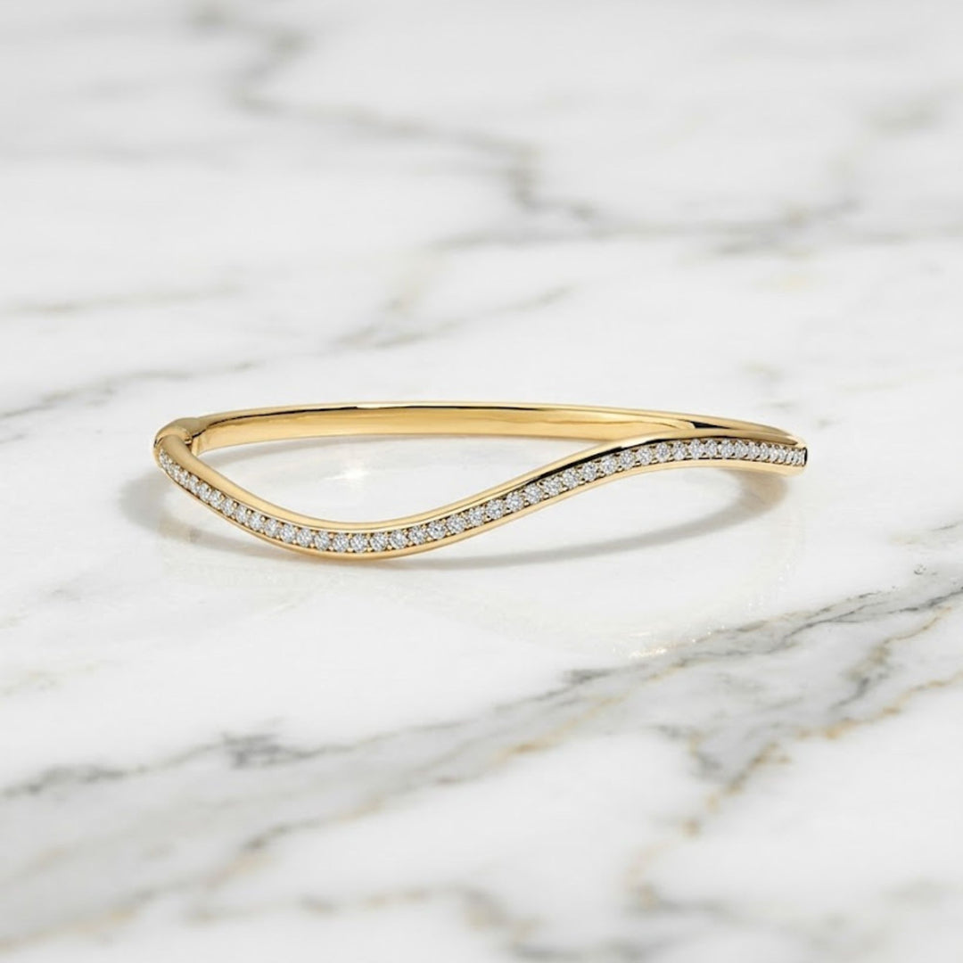 Wave Diamond Bangle, 14K Solid Gold Pave Diamond Bracelet, Ocean Wave Bridal Gift for Her, Dainty, Special Gift For wife, Solid Bangle Gift