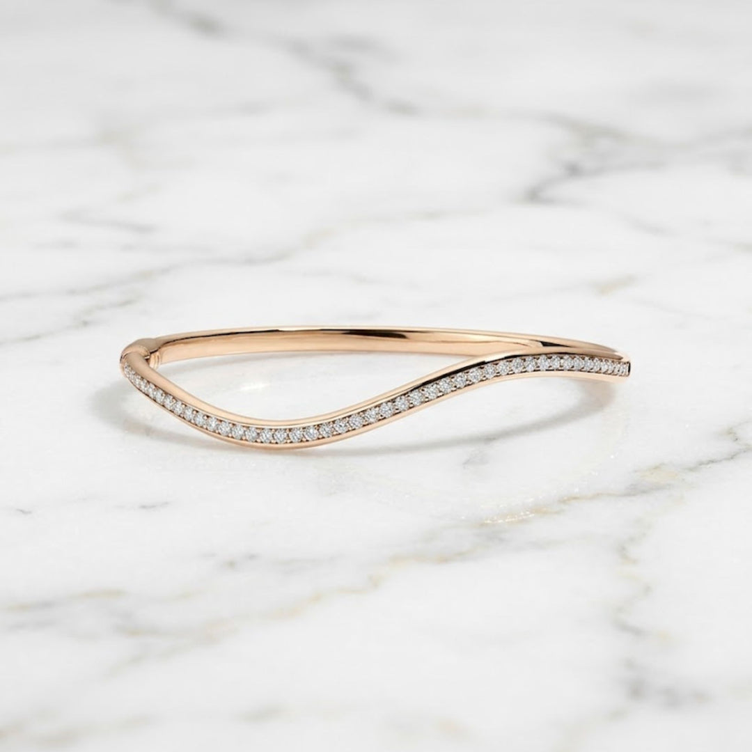 Wave Diamond Bangle, 14K Solid Gold Pave Diamond Bracelet, Ocean Wave Bridal Gift for Her, Dainty, Special Gift For wife, Solid Bangle Gift
