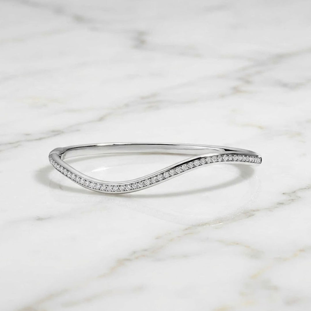 Wave Diamond Bangle, 14K Solid Gold Pave Diamond Bracelet, Ocean Wave Bridal Gift for Her, Dainty, Special Gift For wife, Solid Bangle Gift