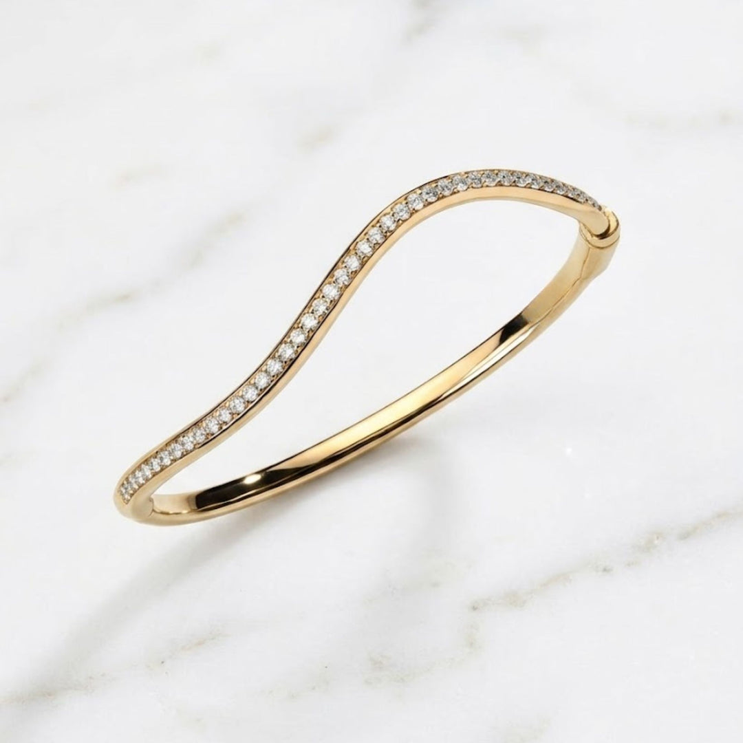 Wave Diamond Bangle, 14K Solid Gold Pave Diamond Bracelet, Ocean Wave Bridal Gift for Her, Dainty, Special Gift For wife, Solid Bangle Gift
