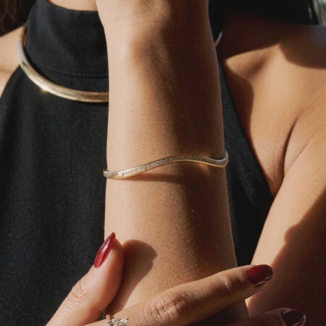 Wave Diamond Bangle, 14K Solid Gold Pave Diamond Bracelet, Ocean Wave Bridal Gift for Her, Dainty, Special Gift For wife, Solid Bangle Gift