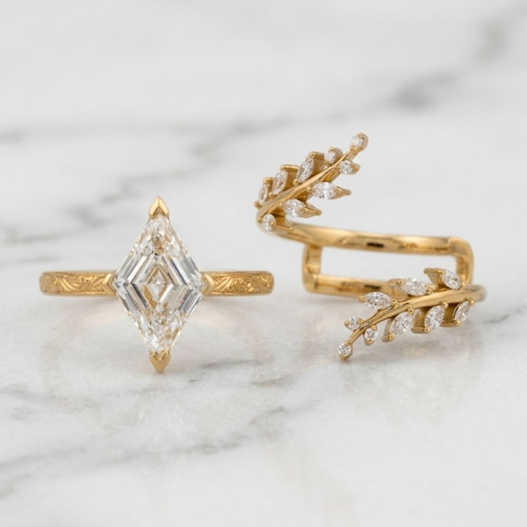 2.10 CT Lozenge Lab Grown Diamond Ring Set, Nature Inspired Engagement Ring, 14K Solid Gold