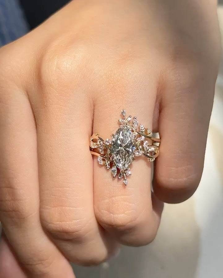 Marquise Diamond Nature Ring, 14K Solid Gold Lab Grown Diamond Ring, Branch Leaf Engagement Ring, Botanical Vine Ring, Gift for Her
