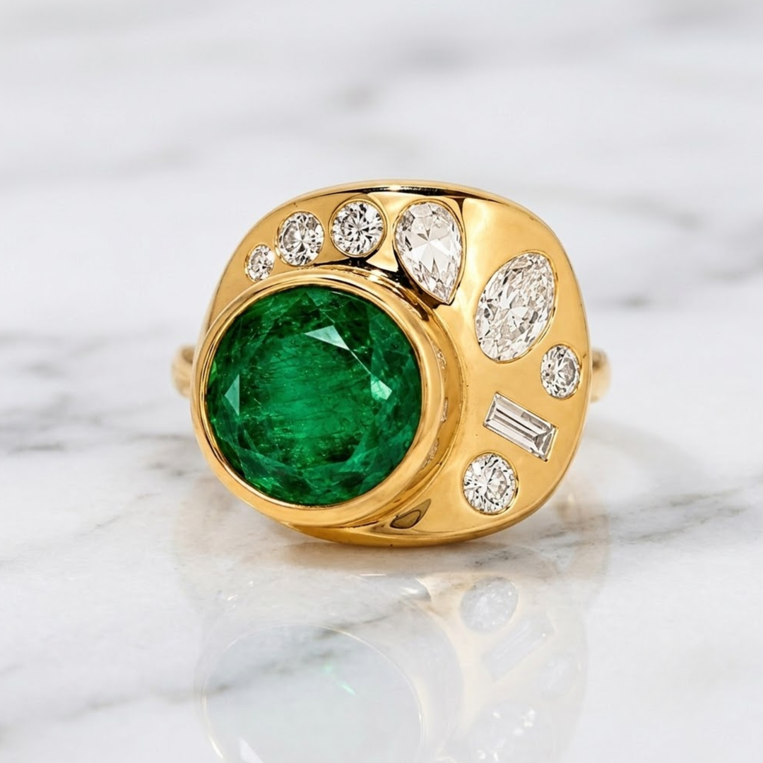 18K Solid Gold Natural Zambian Emerald Marquesa Ring