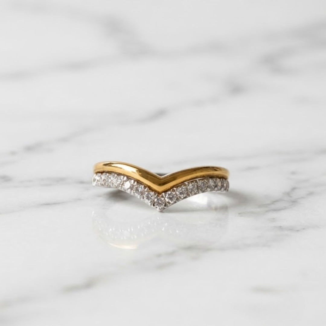 Diamond Chevron Ring | V Shape Wedding Band | Two Tone Stacking Ring | Pave Diamond V Ring | Bridal Band Set | Gift For Her