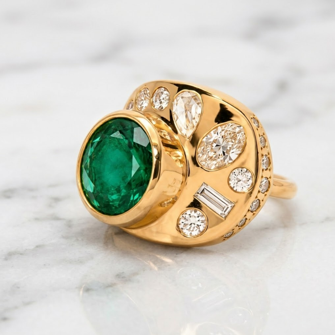 18K Solid Gold Natural Zambian Emerald Marquesa Ring