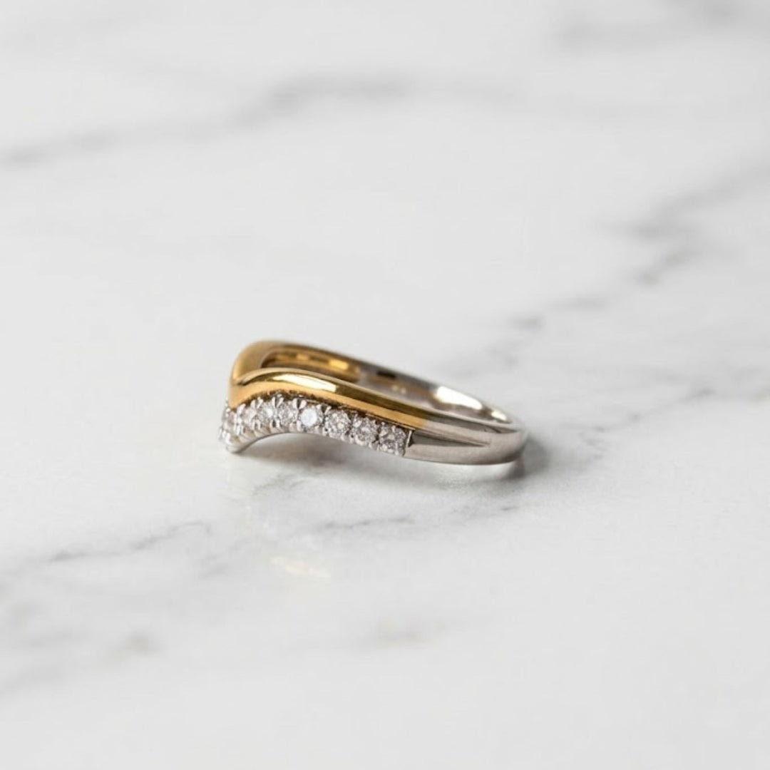 Diamond Chevron Ring | V Shape Wedding Band | Two Tone Stacking Ring | Pave Diamond V Ring | Bridal Band Set | Gift For Her