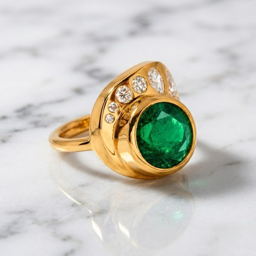 18K Solid Gold Natural Zambian Emerald Marquesa Ring