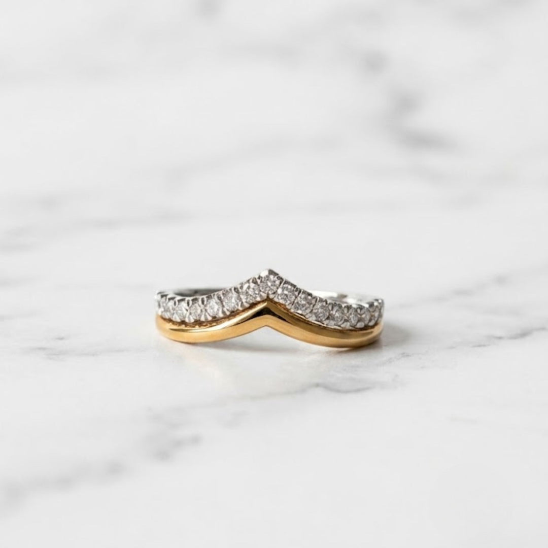 Diamond Chevron Ring | V Shape Wedding Band | Two Tone Stacking Ring | Pave Diamond V Ring | Bridal Band Set | Gift For Her