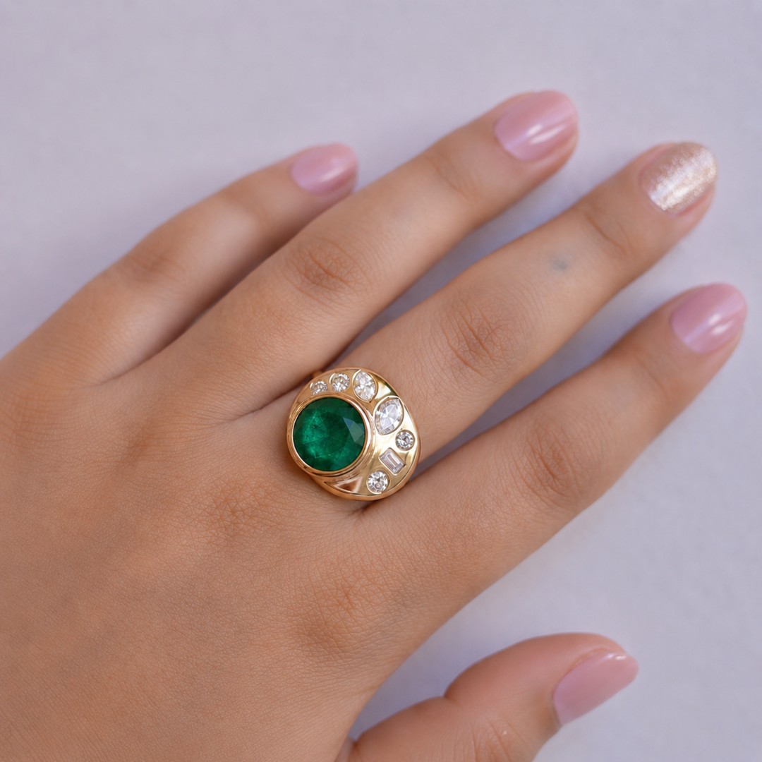 18K Solid Gold Natural Zambian Emerald Marquesa Ring