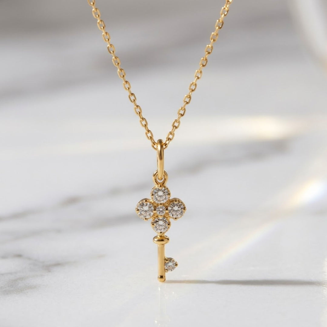 18K Solid Gold Mini Key Diamond Pendant Necklace,Dainty Lab Grown Diamond Charm Necklace, Everyday Jewelry,Gift for her,Graduation gift