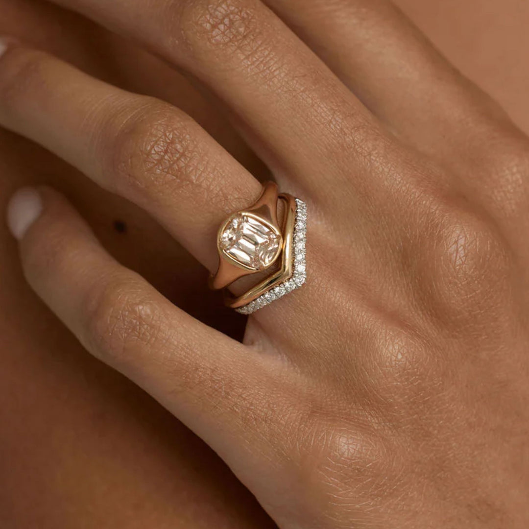 Diamond Chevron Ring | V Shape Wedding Band | Two Tone Stacking Ring | Pave Diamond V Ring | Bridal Band Set | Gift For Her