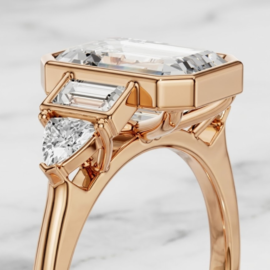 3.00 CT Emerald Cut Lab Grown Diamond Engagement Ring with Baguette &amp; Trillion Diamond Accents