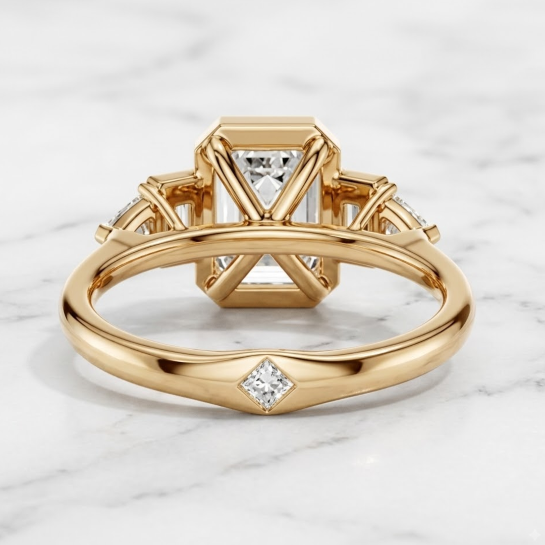 3.00 CT Emerald Cut Lab Grown Diamond Engagement Ring with Baguette &amp; Trillion Diamond Accents