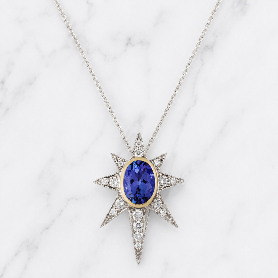 18K Solid Gold Starburst Pendant Necklace