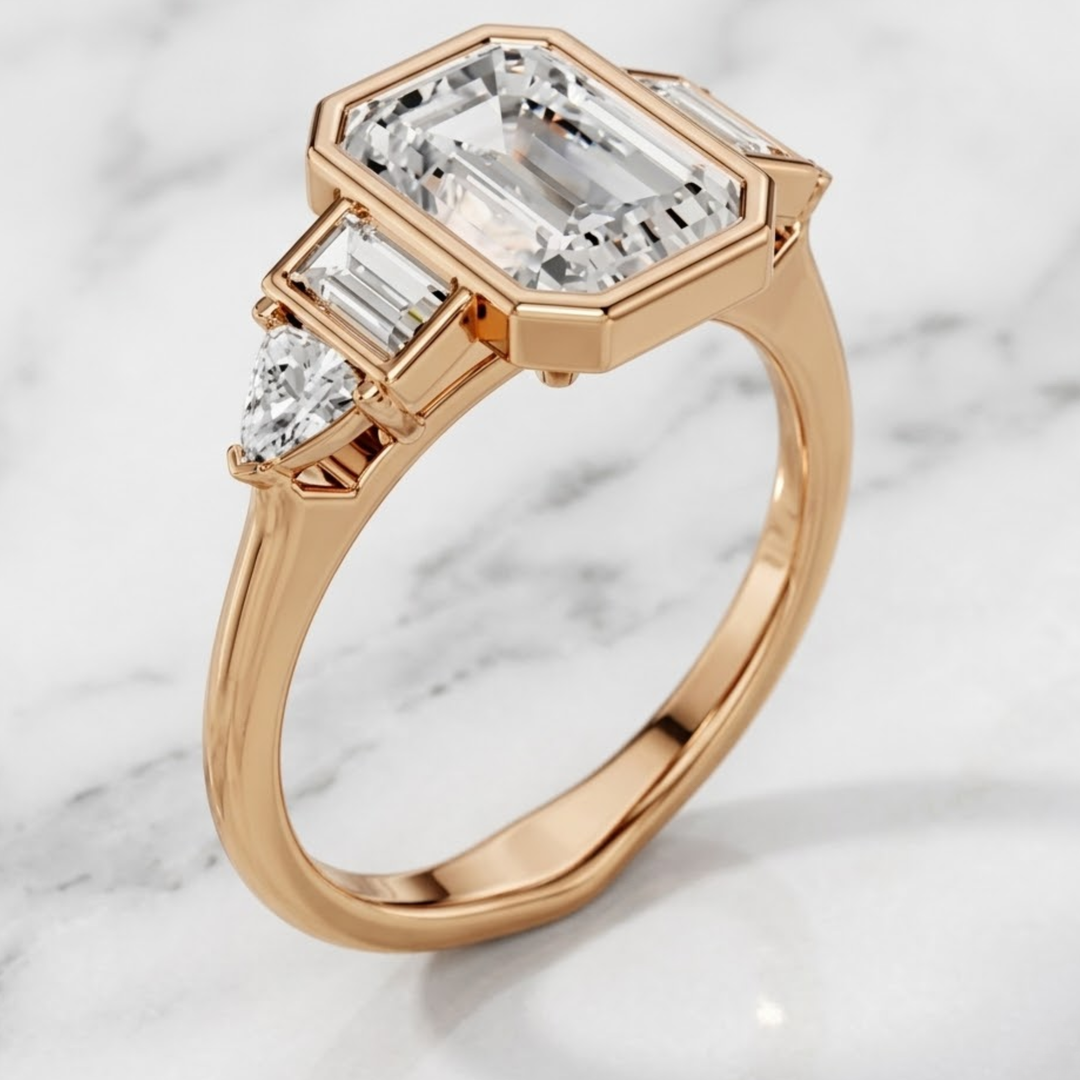 3.00 CT Emerald Cut Lab Grown Diamond Engagement Ring with Baguette &amp; Trillion Diamond Accents