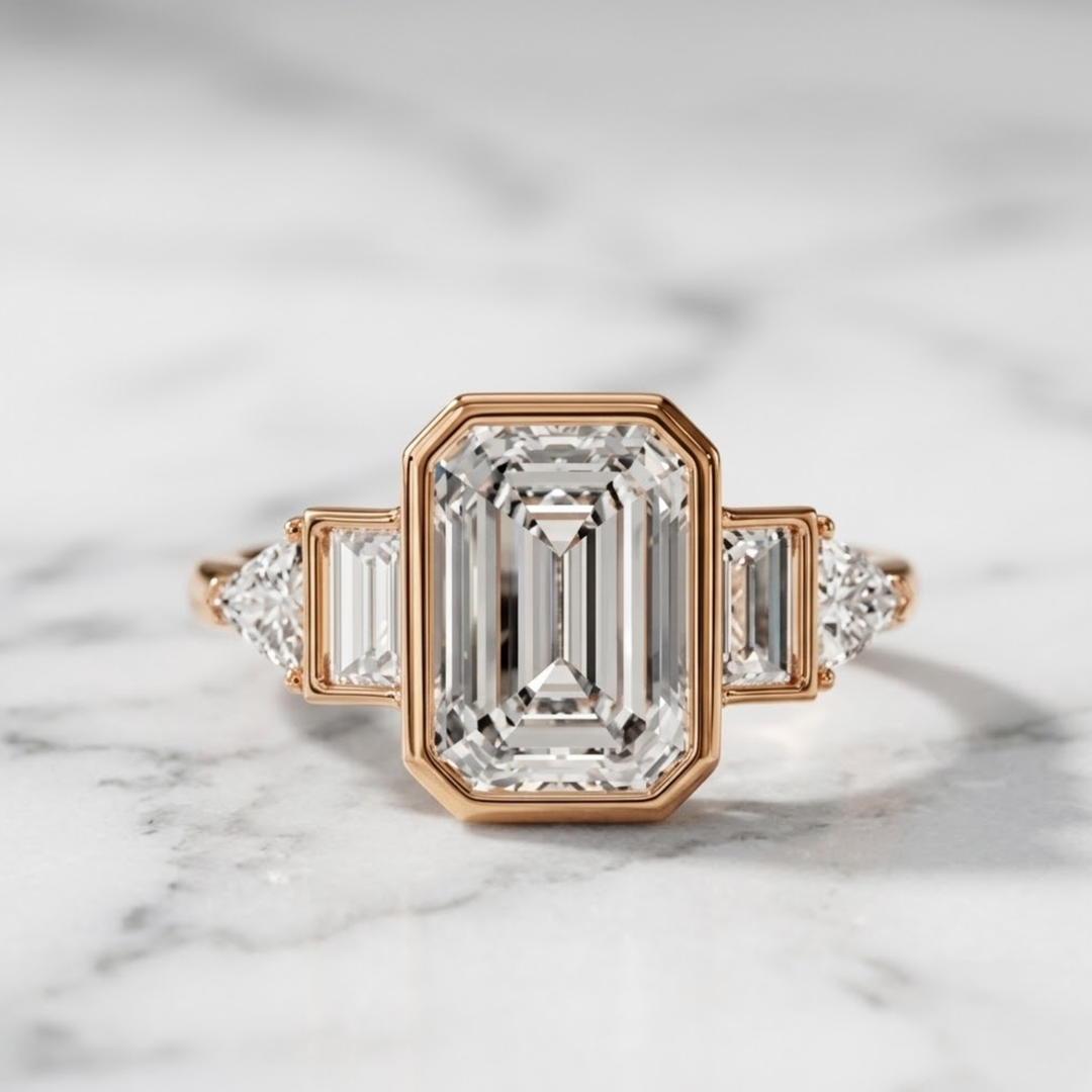 3.00 CT Emerald Cut Lab Grown Diamond Engagement Ring with Baguette &amp; Trillion Diamond Accents