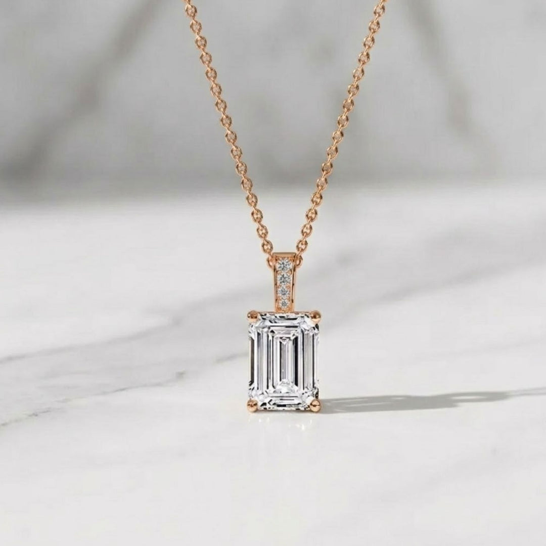 14k Gold Emerald Cut Lab Grown Diamond Charm Pendant, 1.50 CTW Lab Grown Diamond Solitaire Necklace Prong Setting IGI Certified Diamond