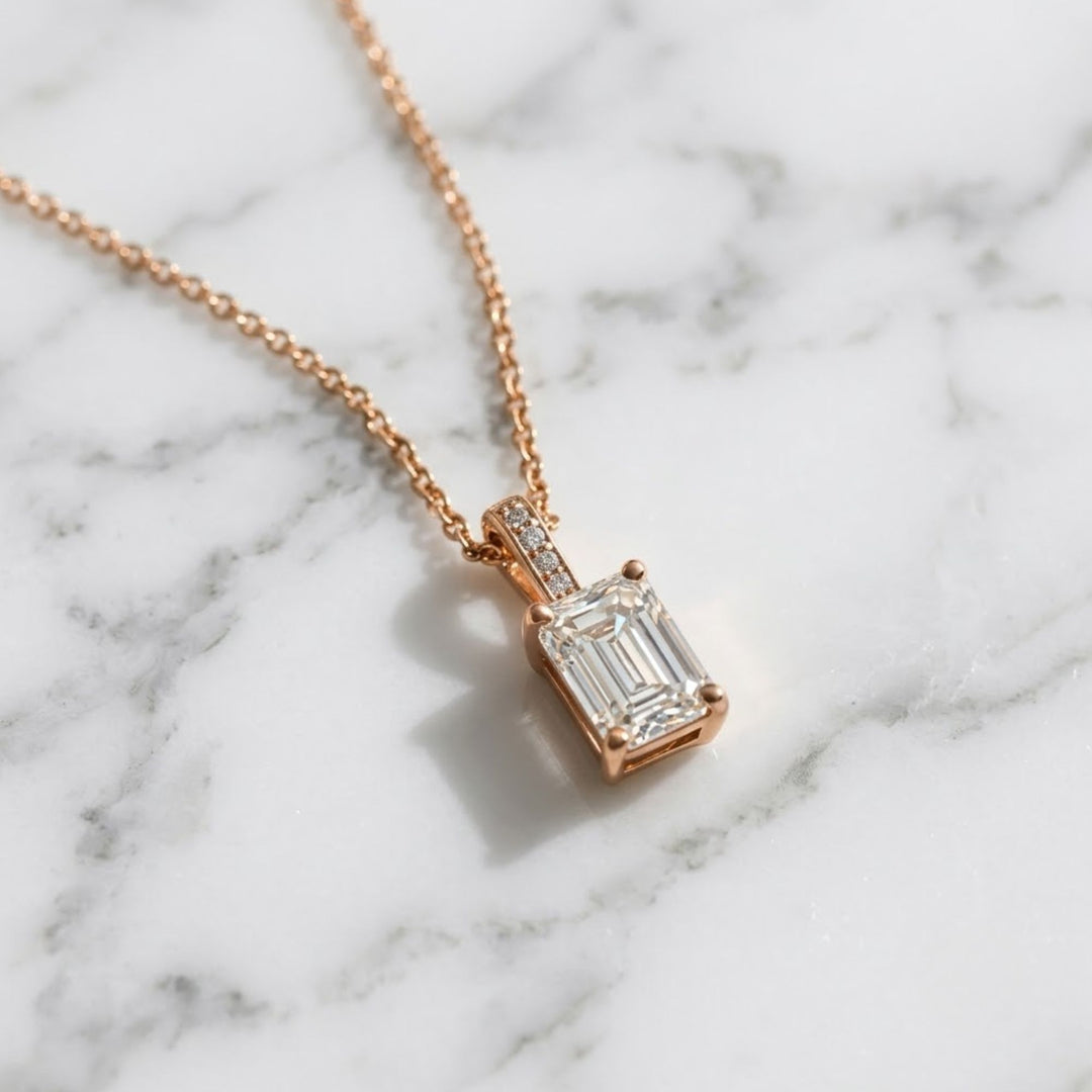 14k Gold Emerald Cut Lab Grown Diamond Charm Pendant, 1.50 CTW Lab Grown Diamond Solitaire Necklace Prong Setting IGI Certified Diamond