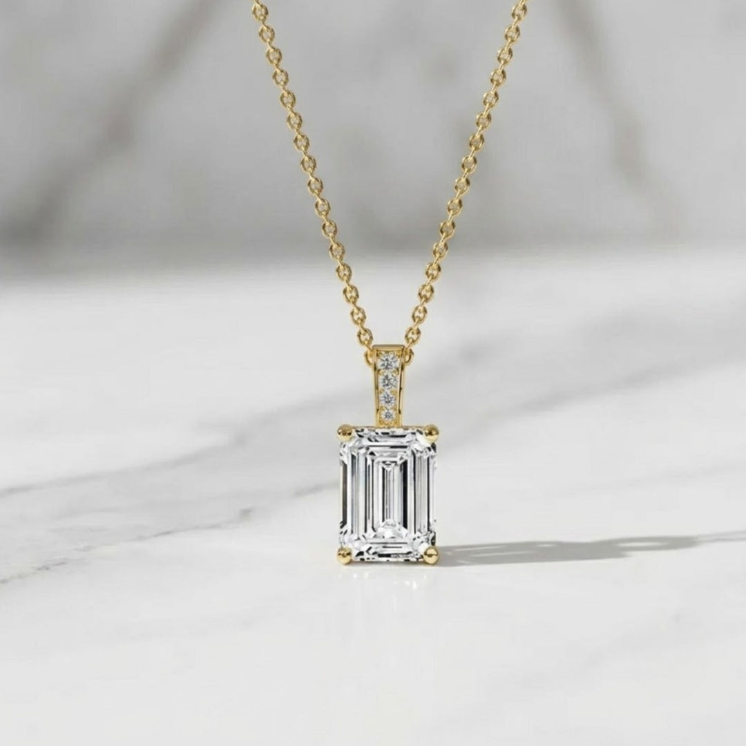 14k Gold Emerald Cut Lab Grown Diamond Charm Pendant, 1.50 CTW Lab Grown Diamond Solitaire Necklace Prong Setting IGI Certified Diamond