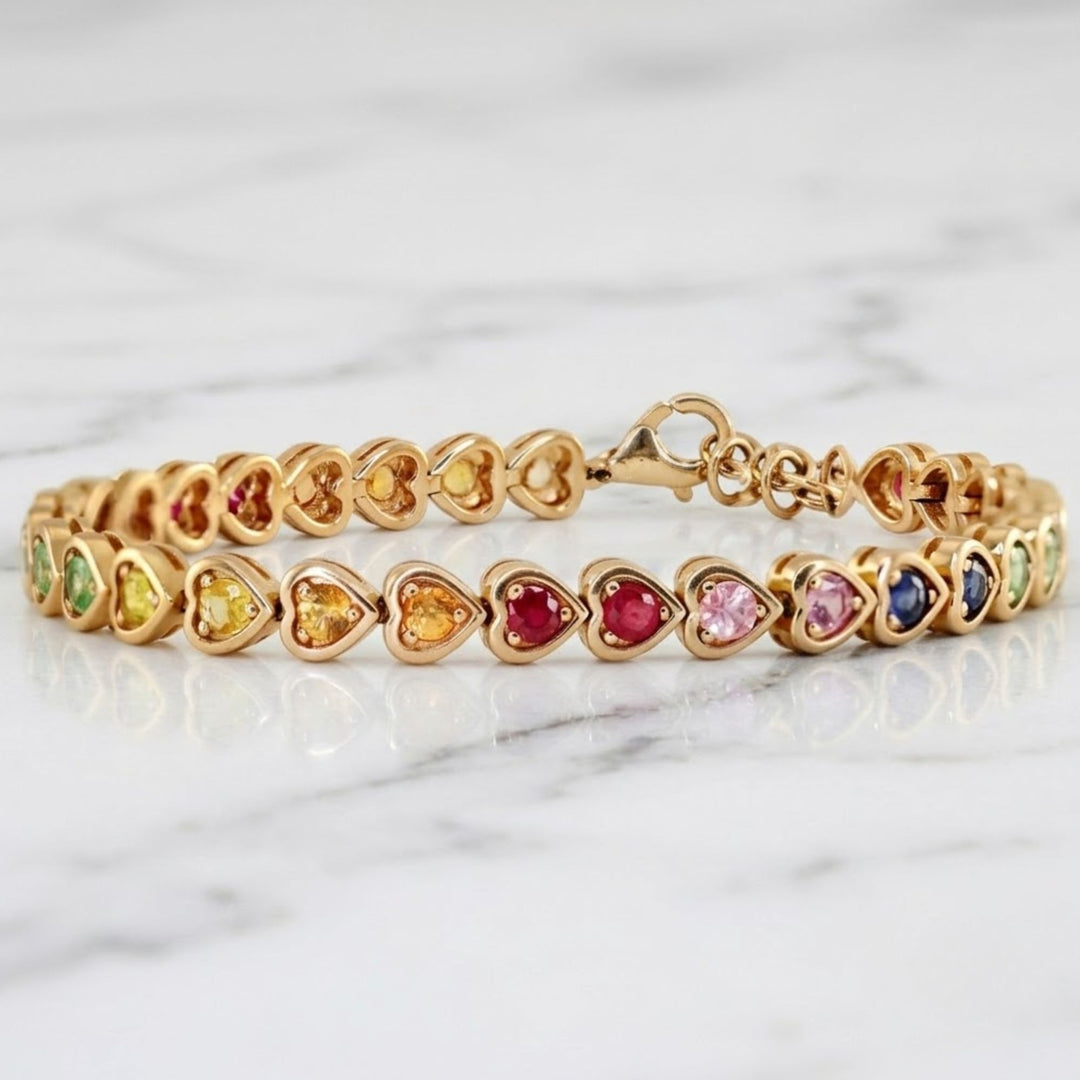 14K Solid Gold Rainbow Sapphire Heart Bezel Tennis Bracelet