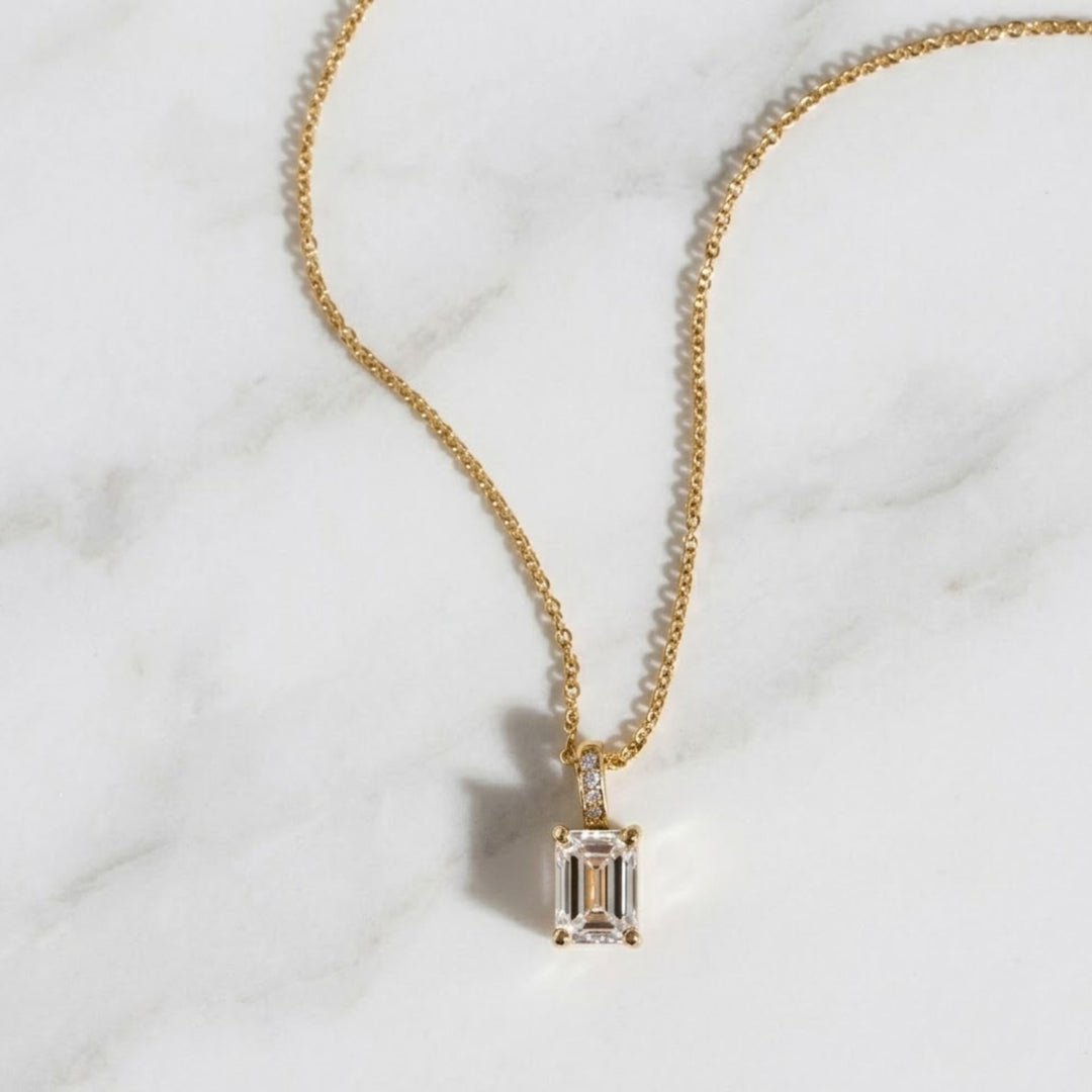 14k Gold Emerald Cut Lab Grown Diamond Charm Pendant, 1.50 CTW Lab Grown Diamond Solitaire Necklace Prong Setting IGI Certified Diamond